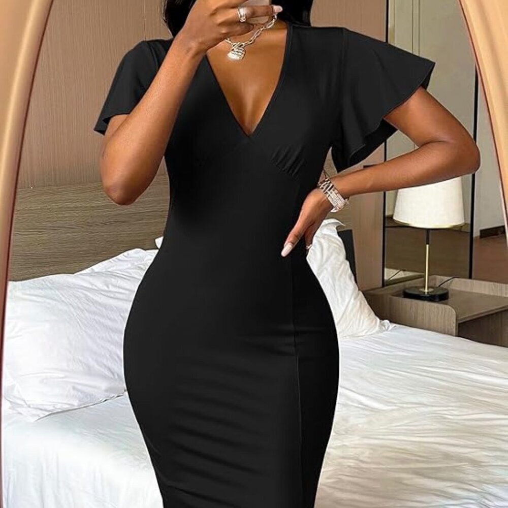 Elegant Black Midi Dress with Flutter Sleeves & Deep V-Neck | Size Small
